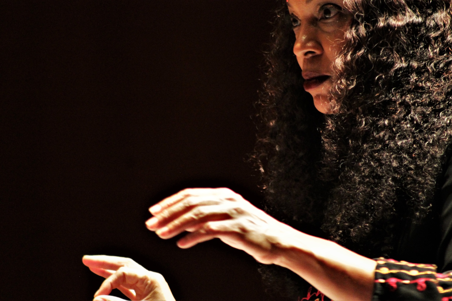 Coco Elysses conducting on stage under warm amber stage light, seen from the audience