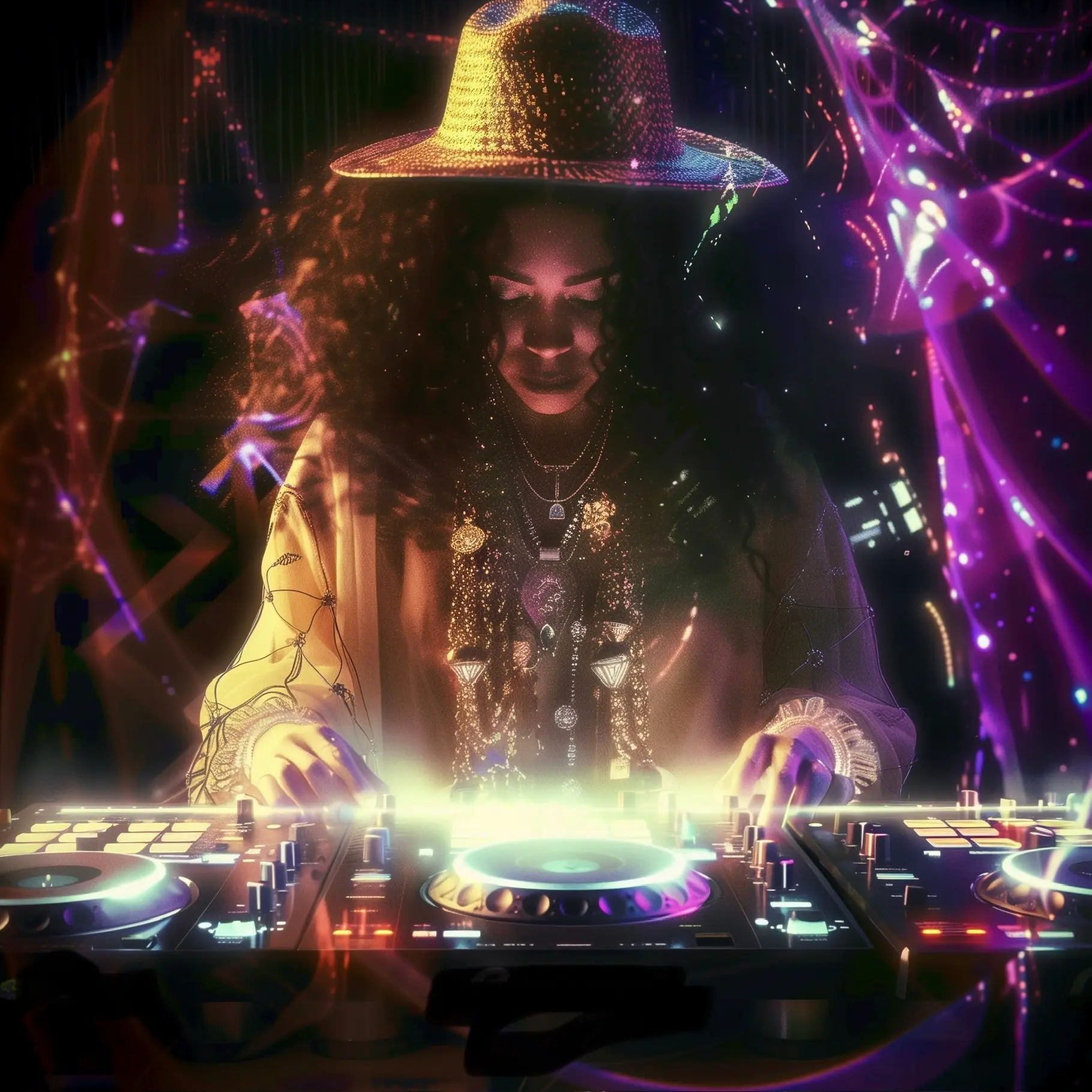 Coco Elysses performing as a DJ, bathed in vibrant violet and golden stage light, wearing an ornate wide-brimmed hat and layered jewelry over DJ controllers