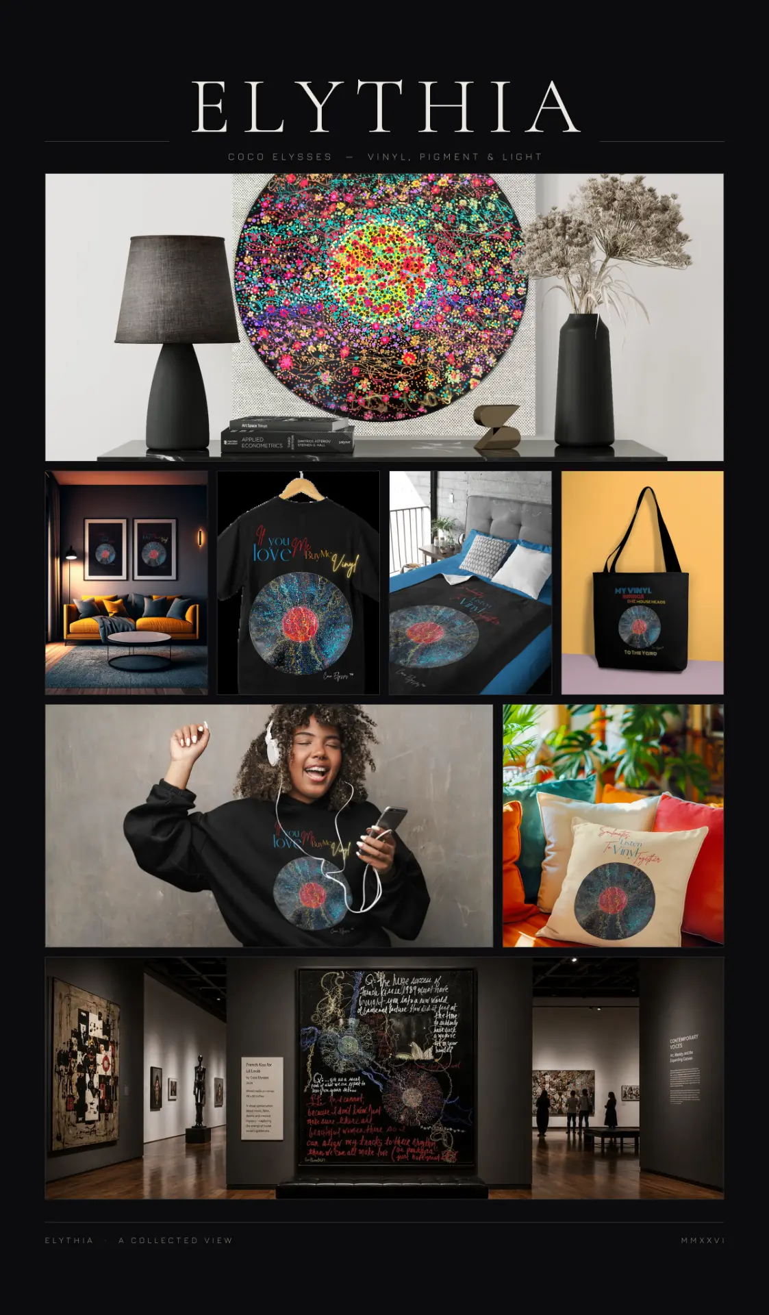 Collage of Elythia artwork by Coco Elysses applied to apparel, home decor and framed gallery pieces, using her dot-based technique